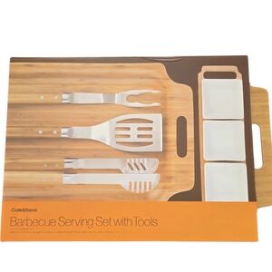 Crate&Barrel Barbecue Serving Set with Tools in Wood Grain and Orange